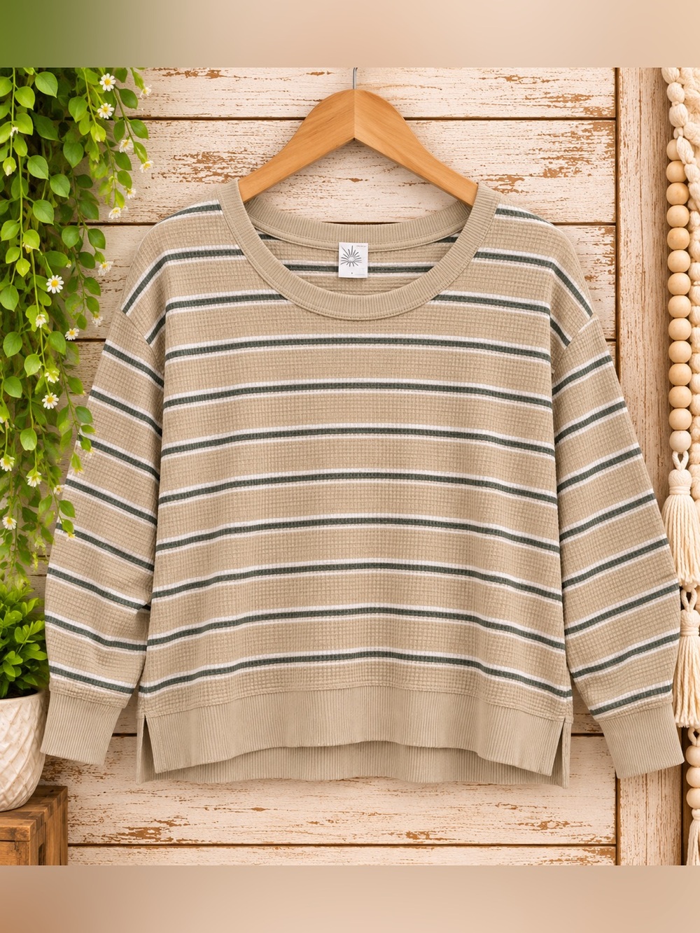 Aerie Striped Waffle-Knit Long Sleeve Sweater - Beige